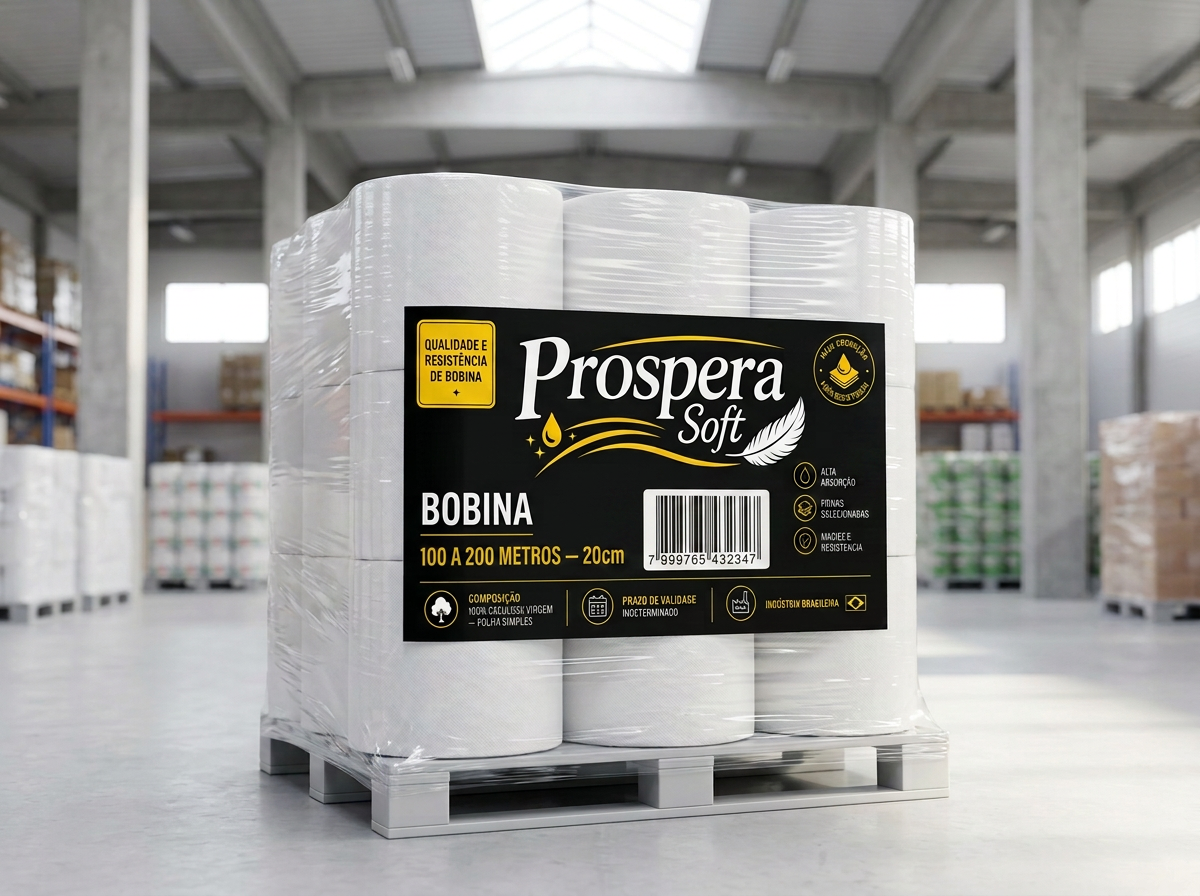 Bobinas de papel toalha branco fabricadas pela Prospera