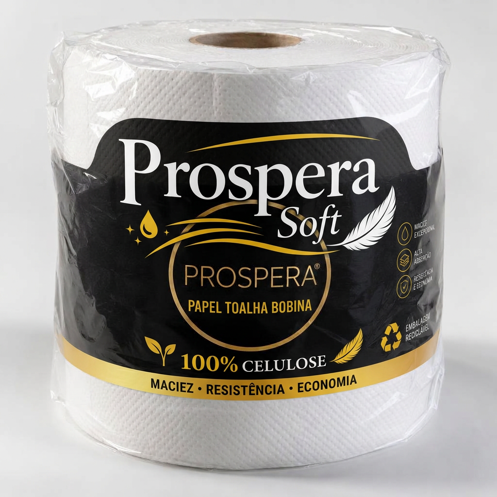 Bobinas de papel toalha branco fabricadas pela Prospera